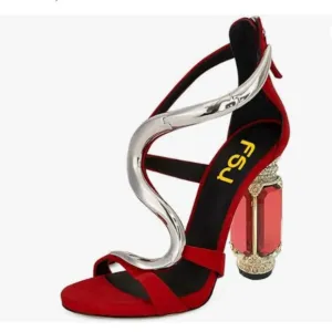 FSJ Red Open Toe Stylish Sandal Ankle Strap Crystal Heels Wedding Party Shoes