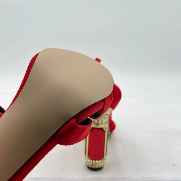 FSJ Red Open Toe Stylish Sandal Ankle Strap Crystal Heels Wedding Party Shoes