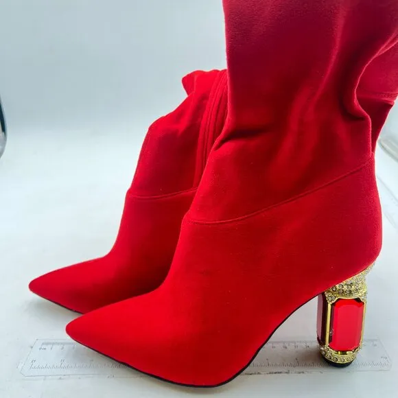 FSJ Red Over The Knee Boot Crystal Chunky High Heel Stretch Thigh High Long Boot