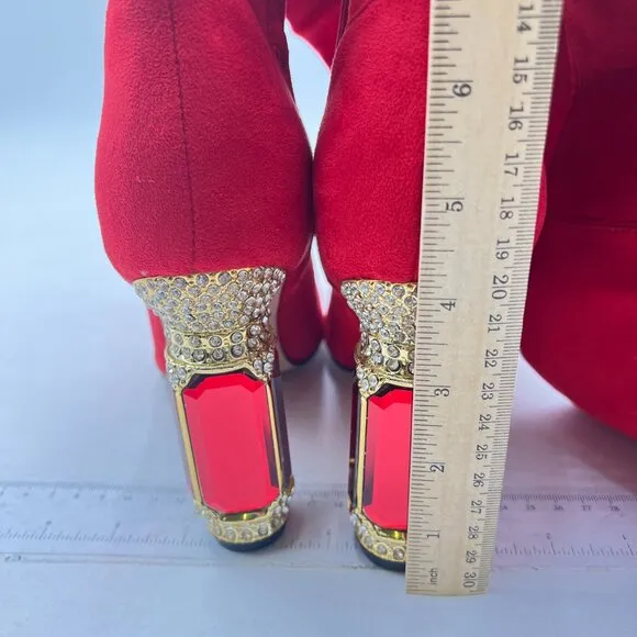 FSJ Red Over The Knee Boot Crystal Chunky High Heel Stretch Thigh High Long Boot