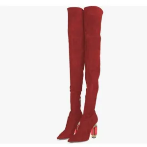 FSJ Red Over The Knee Boot Crystal Chunky High Heel Stretch Thigh High Long Boot