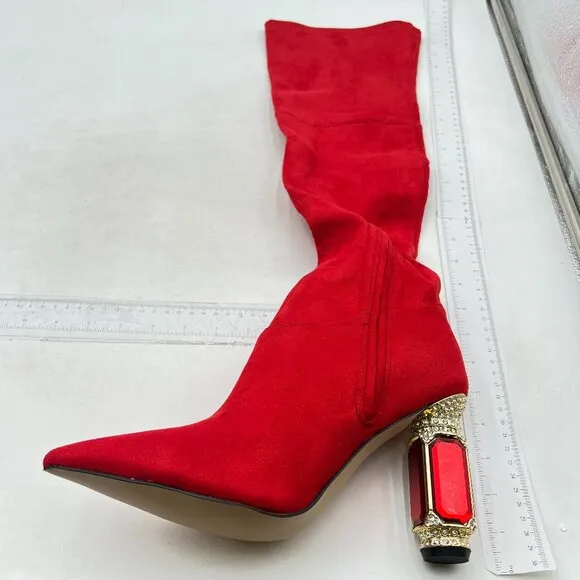 FSJ Red Over The Knee Boot Crystal Chunky High Heel Stretch Thigh High Long Boot