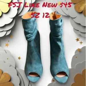 FSJ  Teal Peep Toe Booties  Vegan Suede Block Heel Size 12 Preowned