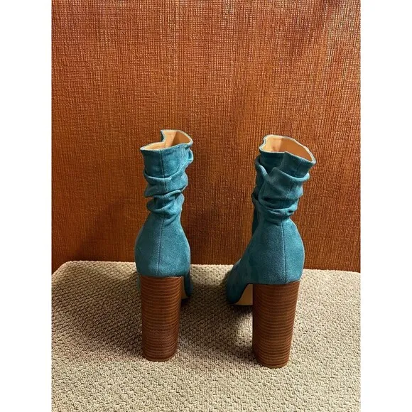 FSJ  Teal Peep Toe Booties  Vegan Suede Block Heel Size 12 Preowned