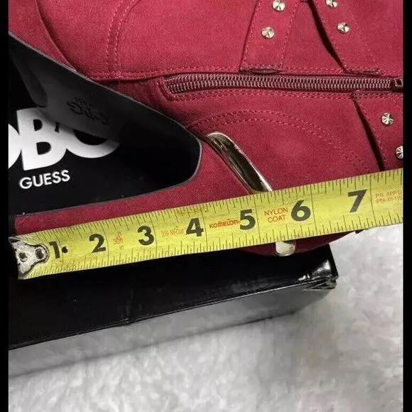 👠😎❤️GBG Guess Suede Red Ankle Platform Boots Gold Tone Studs Sz 5.5 EUC