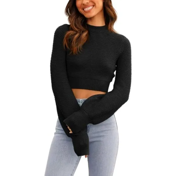 GeGekoko Women's Sexy Crew Neck Sweaters Black Ribbed Knit Long Sleeve Crop Top
