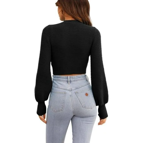 GeGekoko Women's Sexy Crew Neck Sweaters Black Ribbed Knit Long Sleeve Crop Top