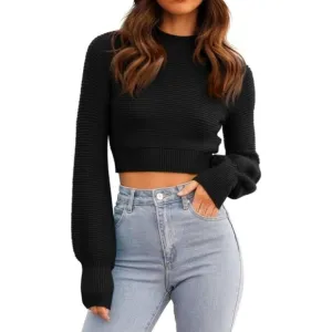 GeGekoko Women's Sexy Crew Neck Sweaters Black Ribbed Knit Long Sleeve Crop Top