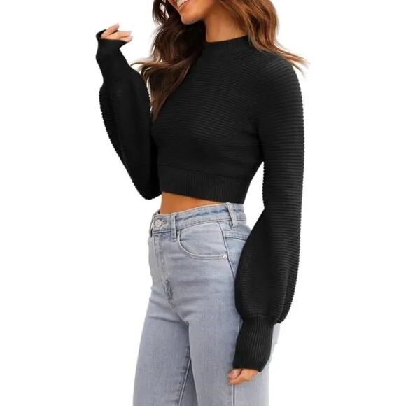GeGekoko Women's Sexy Crew Neck Sweaters Black Ribbed Knit Long Sleeve Crop Top