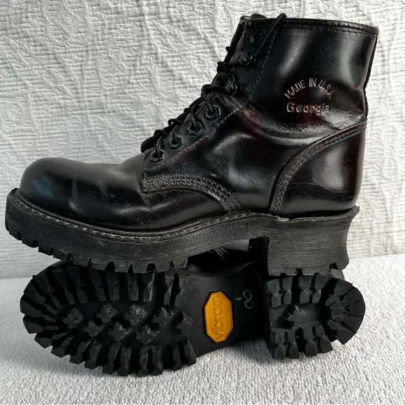 Georgia Boots Mens 7 Womens 8 Black Leather Lace Up Soft Toe Logger Work Sawyer