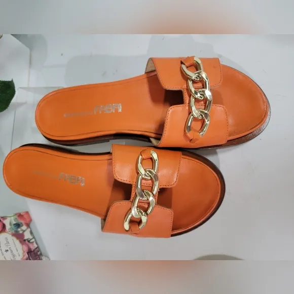 Gianfranco Fabri Orange Leather Slides Italy SLIDES SANDALS W GOLD CHAIN ACCENT