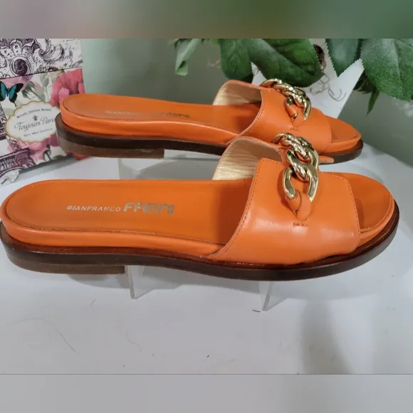 Gianfranco Fabri Orange Leather Slides Italy SLIDES SANDALS W GOLD CHAIN ACCENT