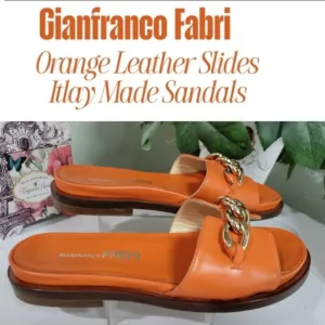 Gianfranco Fabri Orange Leather Slides Italy SLIDES SANDALS W GOLD CHAIN ACCENT