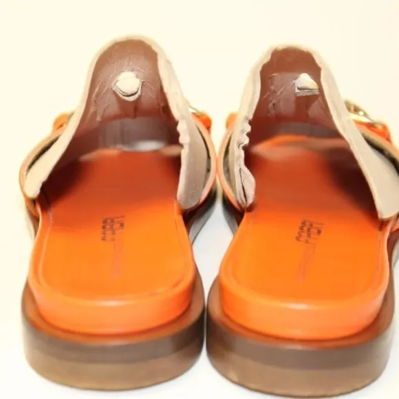 Gianfranco Fabri Orange Leather Slides Italy SLIDES SANDALS W GOLD CHAIN ACCENT