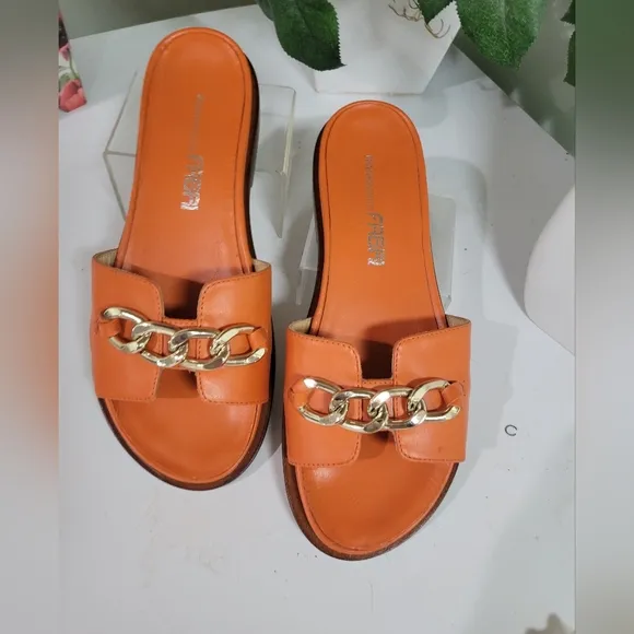Gianfranco Fabri Orange Leather Slides Italy SLIDES SANDALS W GOLD CHAIN ACCENT