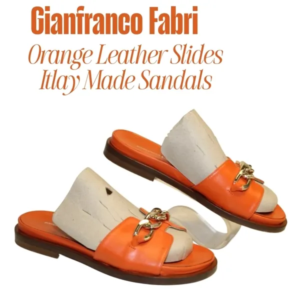Gianfranco Fabri Orange Leather Slides Italy SLIDES SANDALS W GOLD CHAIN ACCENT