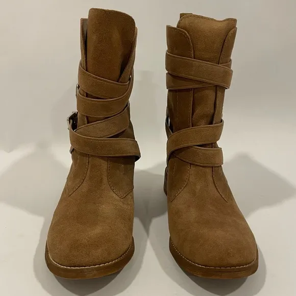 Gianni Bini Boots Suede Brown Slouch Boots Straps Buckles Tan Women’s Size 11