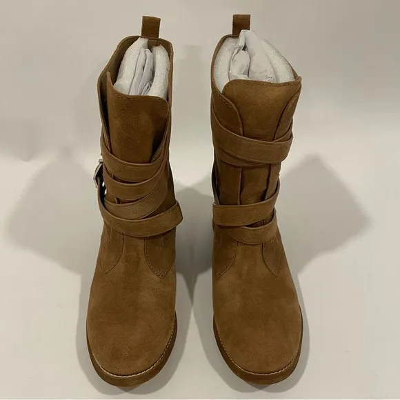 Gianni Bini Boots Suede Brown Slouch Boots Straps Buckles Tan Women’s Size 11
