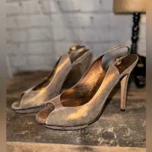 Gina Metallic Gold Lizard Embossed Leather Platform Peep Toe Slingback Sandals