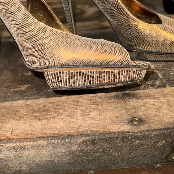 Gina Metallic Gold Lizard Embossed Leather Platform Peep Toe Slingback Sandals