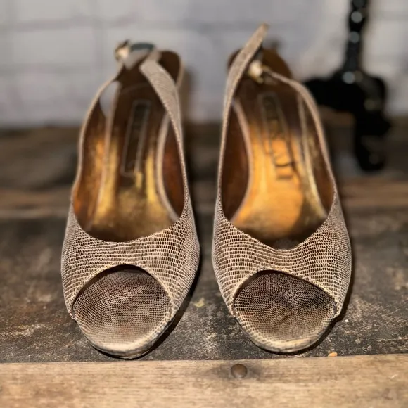 Gina Metallic Gold Lizard Embossed Leather Platform Peep Toe Slingback Sandals