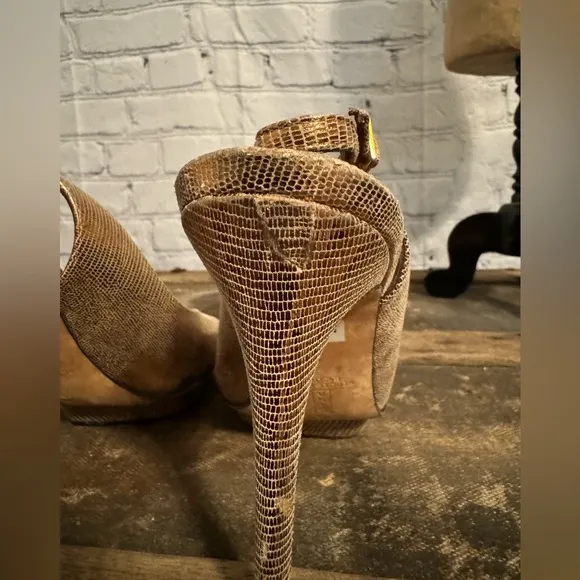 Gina Metallic Gold Lizard Embossed Leather Platform Peep Toe Slingback Sandals
