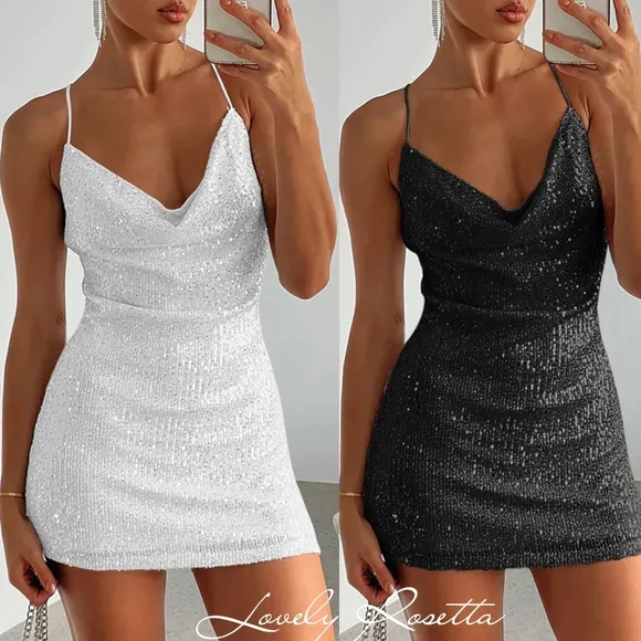 Glamorous Black Cowl Neck Sequin Statement Dress