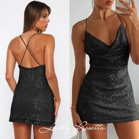 Glamorous Black Cowl Neck Sequin Statement Dress