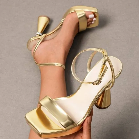 Glamorous Gold Chunky Heel Sandals
