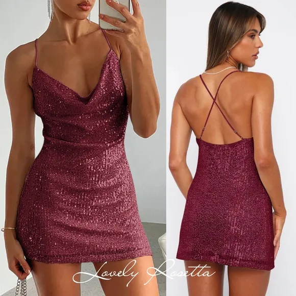 Glamorous Rose Cowl Neck Sequin Statement Dress