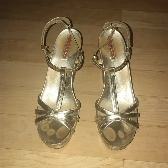 Gold Prada 4&quot; Wedge Sandals