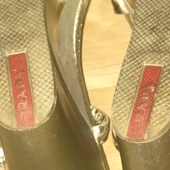 Gold Prada 4&quot; Wedge Sandals