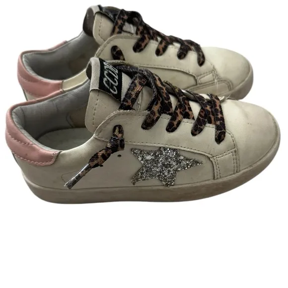 Golden Toddler Sneakers with Pink Leopard Accents, and Sparkling Star- Size 11