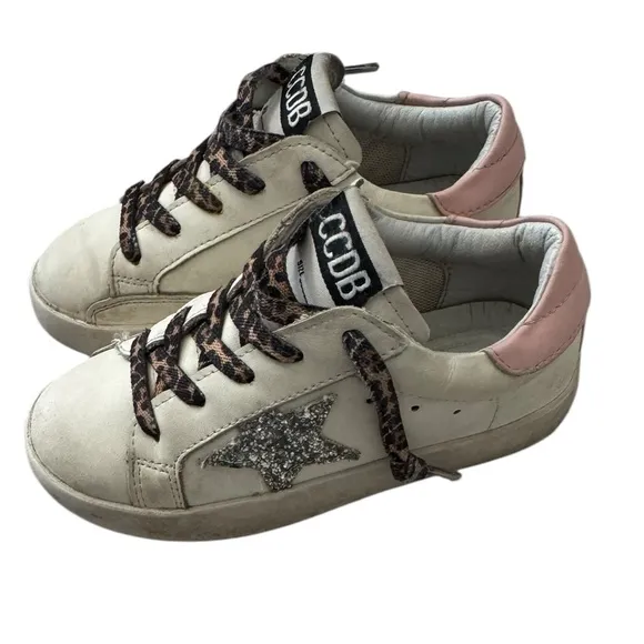 Golden Toddler Sneakers with Pink Leopard Accents, and Sparkling Star- Size 11