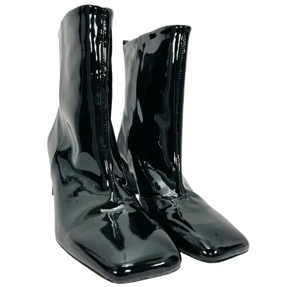 Good American NEW Square Toe Patent Leather Block Heel Boots 8