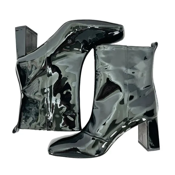 Good American NEW Square Toe Patent Leather Block Heel Boots 8