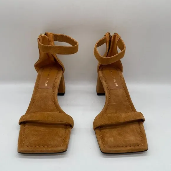 Good American Tan Suede Ankle Strap Heeled Sandals Sz 5 Block Heel Dress Shoe