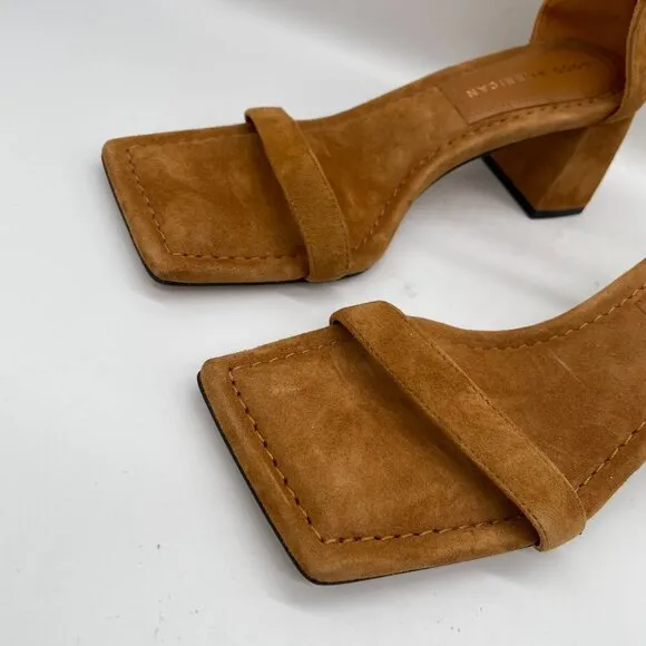Good American Tan Suede Ankle Strap Heeled Sandals Sz 5 Block Heel Dress Shoe