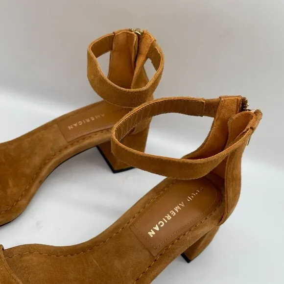 Good American Tan Suede Ankle Strap Heeled Sandals Sz 5 Block Heel Dress Shoe