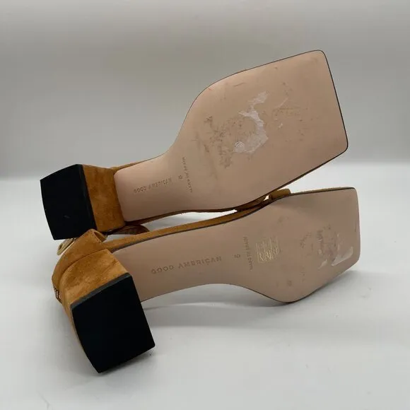 Good American Tan Suede Ankle Strap Heeled Sandals Sz 5 Block Heel Dress Shoe