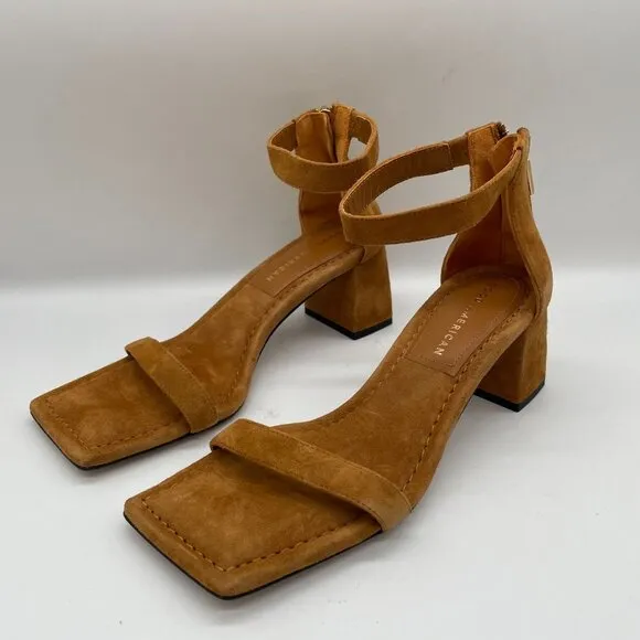 Good American Tan Suede Ankle Strap Heeled Sandals Sz 5 Block Heel Dress Shoe