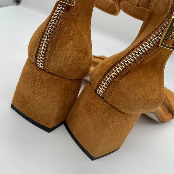 Good American Tan Suede Ankle Strap Heeled Sandals Sz 5 Block Heel Dress Shoe