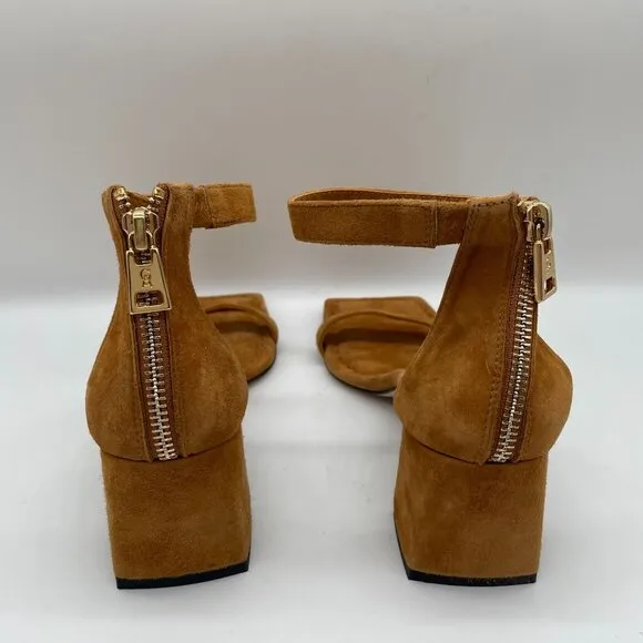 Good American Tan Suede Ankle Strap Heeled Sandals Sz 5 Block Heel Dress Shoe