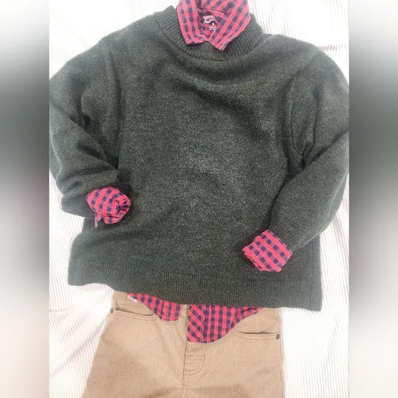 Green Sweater with Red Plaid Shirt and Tan Pants