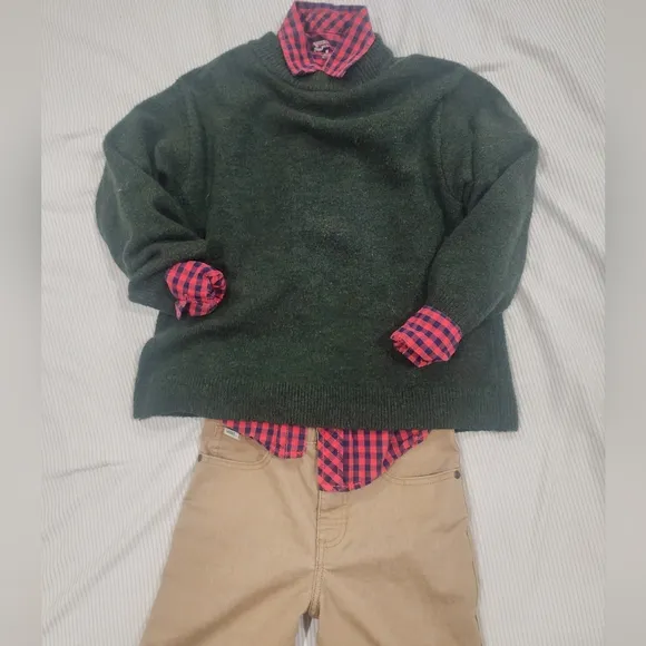 Green Sweater with Red Plaid Shirt and Tan Pants