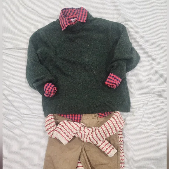 Green Sweater with Red Plaid Shirt and Tan Pants