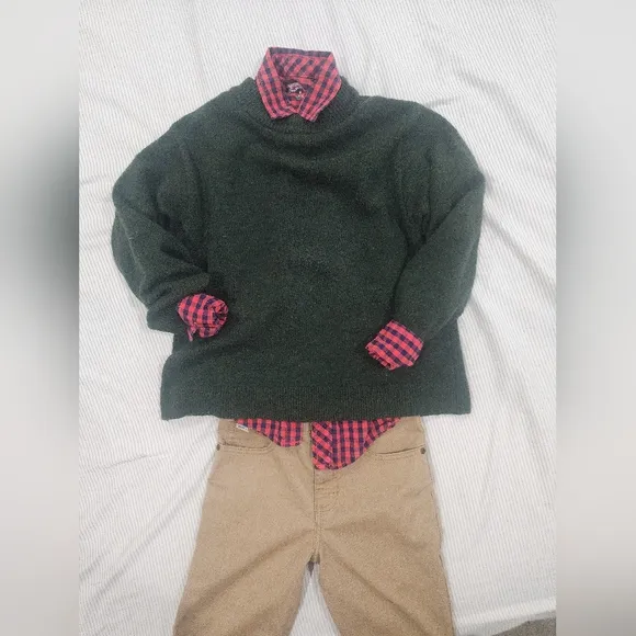 Green Sweater with Red Plaid Shirt and Tan Pants