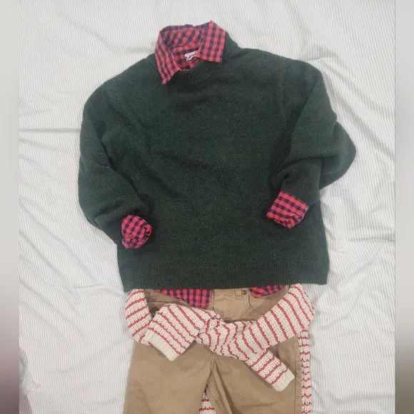 Green Sweater with Red Plaid Shirt and Tan Pants