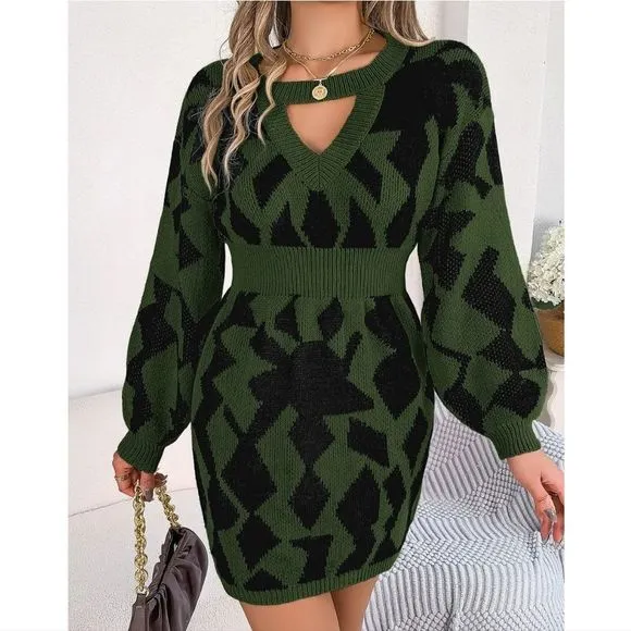 Green And Black Cutout Long Sleeve Sweater Dress