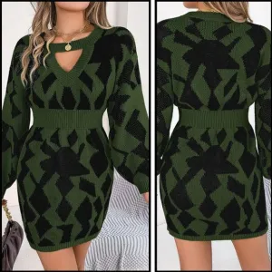 Green And Black Cutout Long Sleeve Sweater Dress